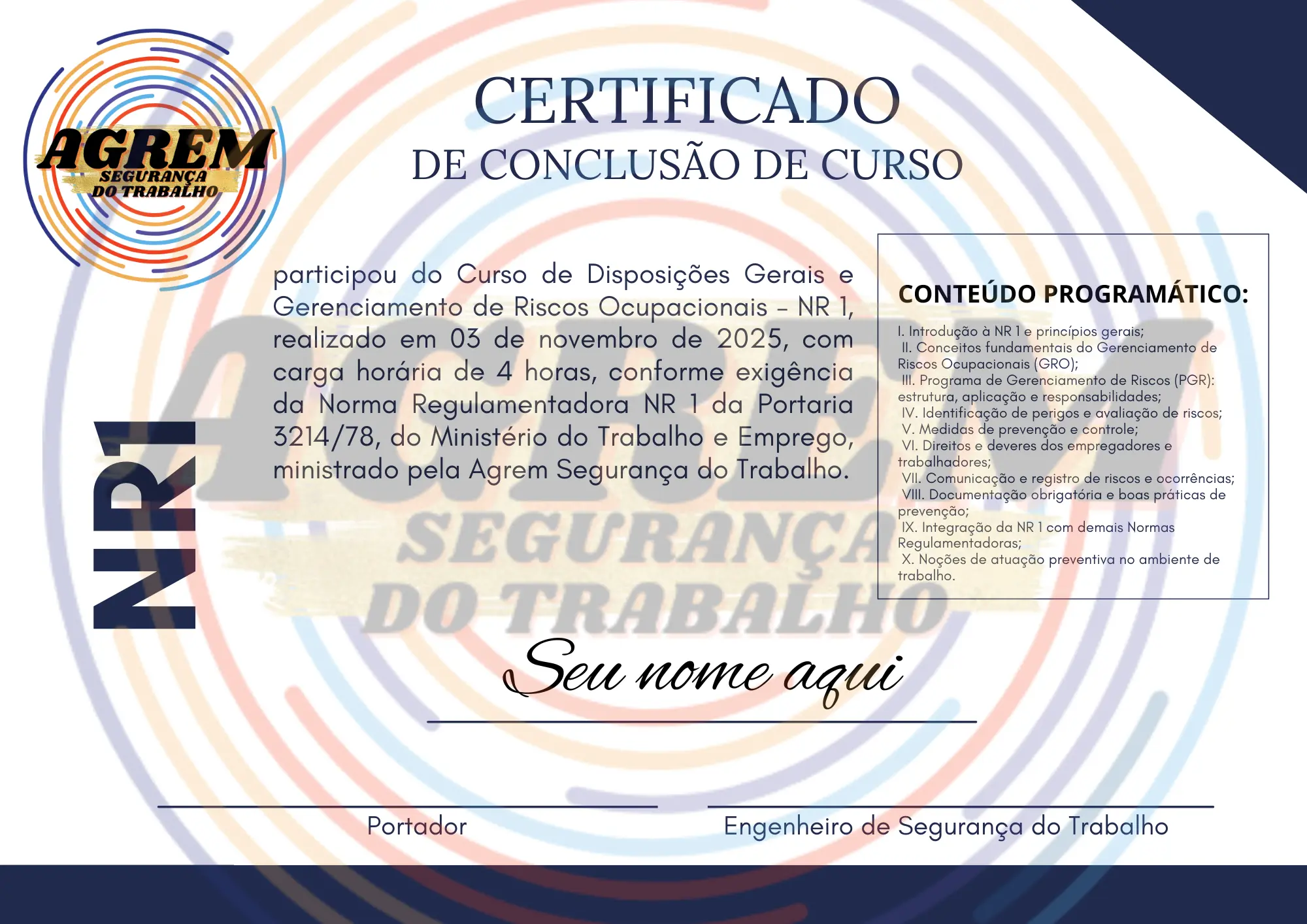 Modelo de Certificado NR-01 Segurança do Trabalho Assis